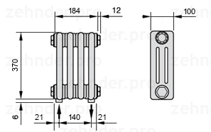 Схема (чертеж) Радиатор Zehnder Charleston 3037/4 №5310 Белый глянцевый RAL 9016